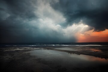 A lonely overcast beach. Gloomy mood. 