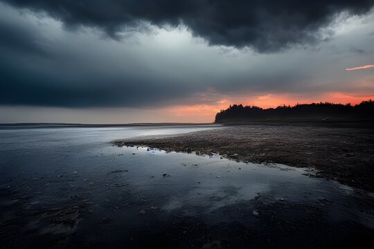 A lonely overcast beach. Gloomy mood. 