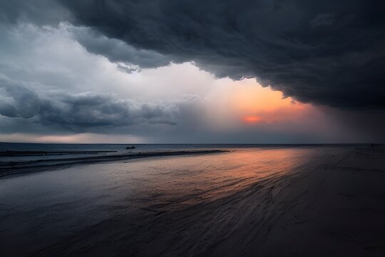A lonely overcast beach. Gloomy mood. 