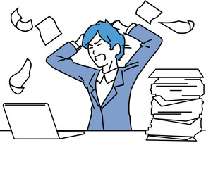 残業　仕事の山　悩む　頭をかかえる　男性　ビジネスマン