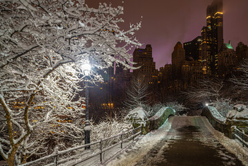 Gapstow Bridge in Central Park, sneeuwstorm