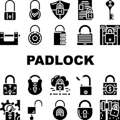 padlock lock safe password icons set vector. privacy secure, security protection, internet element, web keyhole, system padlock lock safe password glyph pictogram Illustrations