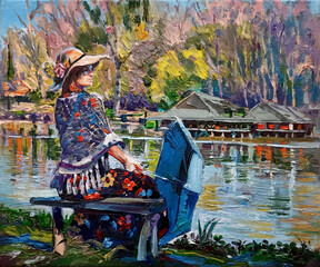 Woman sitting on a bench near the lake with umbrella painting art oil on canvas 