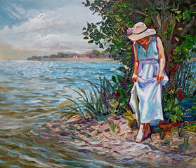 Woman in white dress standing near to the lake summer day painting oil on canvas artistic