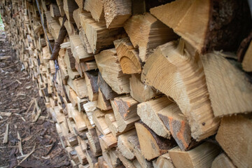 View of stacked logs for green energy in natural green low mountain range landscapes of the Black Forest in southern Germany in summer