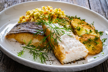 Fish dish - fried halibut with French fries and lemon on wooden table
