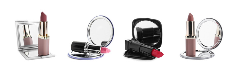Set with stylish cosmetic pocket mirrors and lipsticks on white background. Banner design