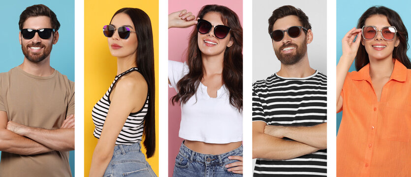 Collage with photos of people with stylish sunglasses on different color backgrounds. Banner design