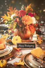 Thanksgiving celebration traditional dinner table setting concept. Festive decorated Thanksgiving...