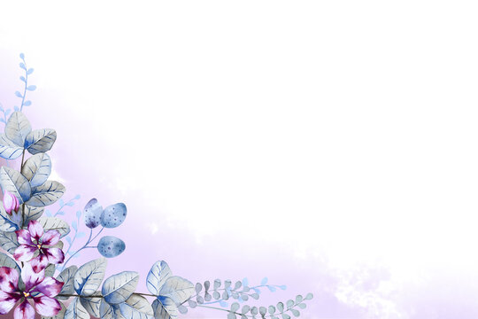 Corner frame of fantasy purple flowers, blue and green leaves and herbs with lilac fog on a white background. Hand drawn watercolor. Copy space.