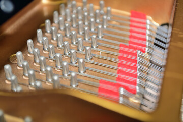 グランドピアノ内部のチューニングピンとピアノ線