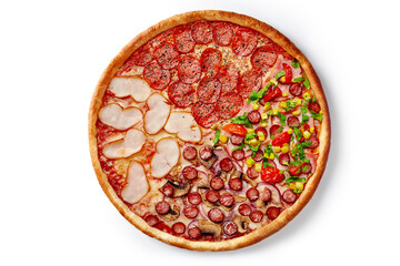 Pizza with four types of toppings of mozzarella, pepperoni, smoked chicken, hunting sausages, ham, mushrooms, corn, tomatoes