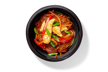 Chinese stir fried rice noodles with chicken, bell peppers, carrots and green onions