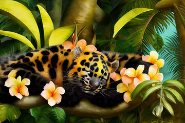 Leopard sleeping on tropical jungle full of exotic flowers and leaves. Amazing tropical floral patten for print, web, greeting cards, wallpapers, wrappers.  3d illustration