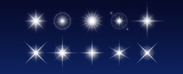 Set Of White Sparkles And Lens Flares On Night Sky Background