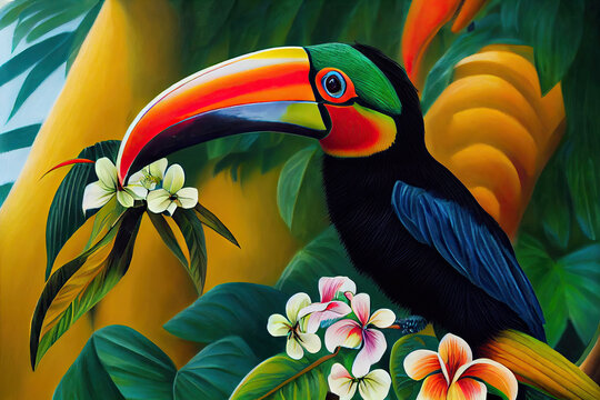 Tropical birds toucan in exotic jungle full of tropical leaves and large flowers. Amazing tropical floral patten for print, web, greeting cards, wallpapers, wrappers.  3d illustration