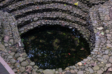 An abandoned pond surrounded by stone seating in a forest garden.