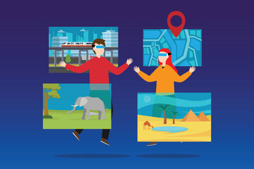 man and a woman wearing VR glasses traveling around the world 2d vector illustration concept for banner, website, illustration, landing page, flyer, etc.
