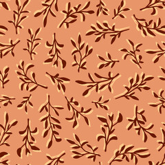 Fototapeta na wymiar Autumn random botany elements seamless repeat pattern. Vector herbs all over surface print on apricot crush background.