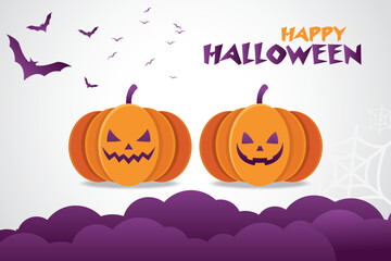 Happy Halloween party invitation background with clouds, bats and pumpkins in paper cut style. Vector illustration. 