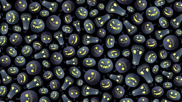 Loop video, Halloween background, different gray pumpkins with glowing faces disappear and reappear on a dark background. Happy Halloween