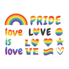 Lgbt flag rainbow and heart sticker set. Colorful love and pride lettering text icon set.