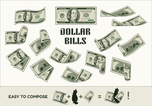 Set of 100 dollar bills with front and reverse side. Bent, folded, twisted banknotes in different ways. Cash money. Vintage style. Color detailed isolated vector illustration on a white background.