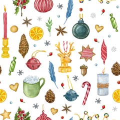 Watercolor pattern with Christmas elements, toys, balls, candy, snowflakes 