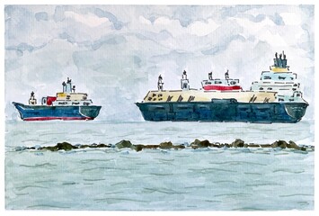 Sea and ships, watercolor illustration for postcard