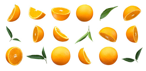 Fresh yellow oranges with green leaves isolated on a white background. Full Depth of field. Clipping path