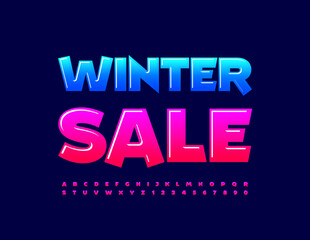 Vector seasonal promo Winter Sale. Creative glossy Font. Artistic Alphabet Letters and Numbers set