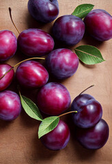 Plums on wooden table. 3d illustration