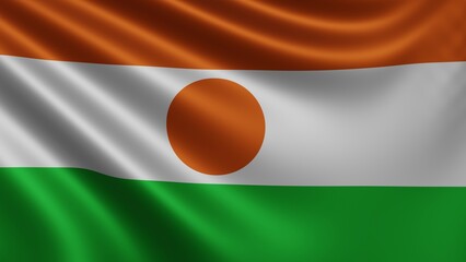 Render of the Niger flag flutters in the wind close-up, the national flag of Niger flutters in 4k resolution, close-up, colors: RGB. High quality 3d illustration