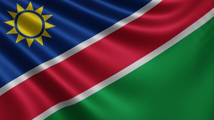 Render of the Namibia flag flutters in the wind close-up, the national flag of Namibia flutters in 4k resolution, close-up, colors: RGB. High quality 3d illustration