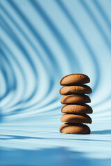 Sweet homemade brown cookies on blue background. Biscuit,  pastry. Top view, copy space, mockup. Flat lay. Food and drink.