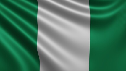 Render of the Nigeria flag flutters in the wind close-up, the national flag of Nigeria flutters in 4k resolution, close-up, colors: RGB. High quality illustration