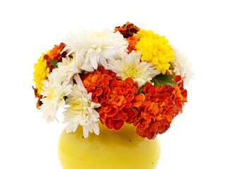 Chrysanthemums and marigolds in a vase.
