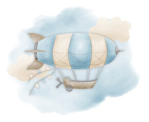 Composition of ancient Aircraft with clouds and watercolor blue sky. Hand drawn illustration of Dirigible for baby boy design. Isolated vintage Airship on white background © Alisles