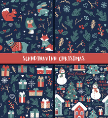 Christmas seamless backgrounds with Christmas tree, snowmen, winter houses, forest animals and lettering MERRY CHRISTMAS