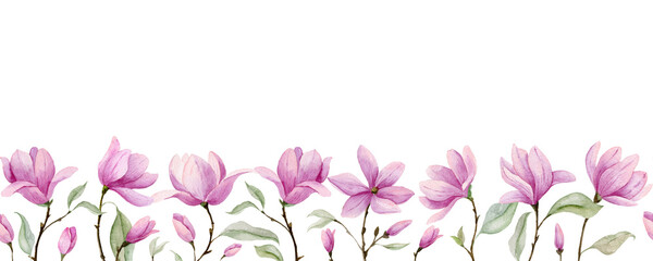 Fototapeta na wymiar Floral Border with pink Magnolia Flowers. Flower Seamless line. Hand drawn Background for invitation or banner. Pattern on transparent background