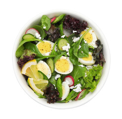 Delicious salad with boiled eggs, vegetables and lemon in bowl isolated on white, top view