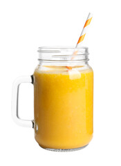 Mason jar of tasty mango smoothie on white background