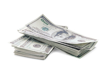 Many dollar banknotes on white background. American national currency