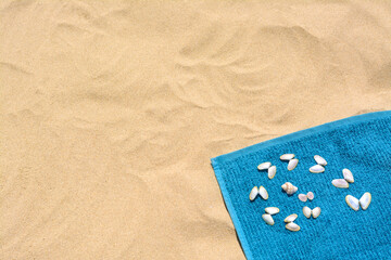 Towel and seashells on sand, top view with space for text. Beach accessory