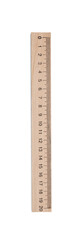 Wooden ruler with measuring length markings in centimeters isolated on white, top view