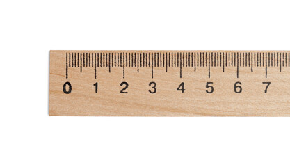 Wooden ruler with measuring length markings in centimeters isolated on white, top view