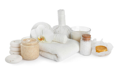 Beautiful spa composition with different body care products isolated on white