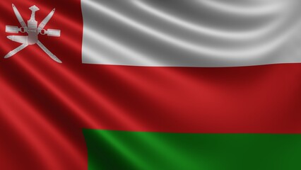 Render of the Oman flag flutters in the wind close-up, the national flag of Oman flutters in 4k resolution, close-up, colors: RGB. High quality 3d illustration