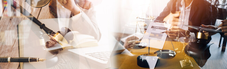 Business and lawyers discussing contract papers with brass scale on desk in office. Law, legal services, advice, justice and law concept picture with film grain effect