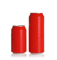 Aluminum cans with drinks on white background
